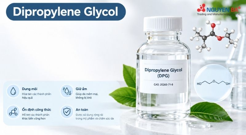 Dipropylene Glycol là một hợp chất hữu cơ có dạng lỏng, không màu, không mùi, tan tốt trong nước. 